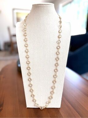 Clear Crystal Station Necklace Gold Tone 35” Long Layering Necklace Bezel Set